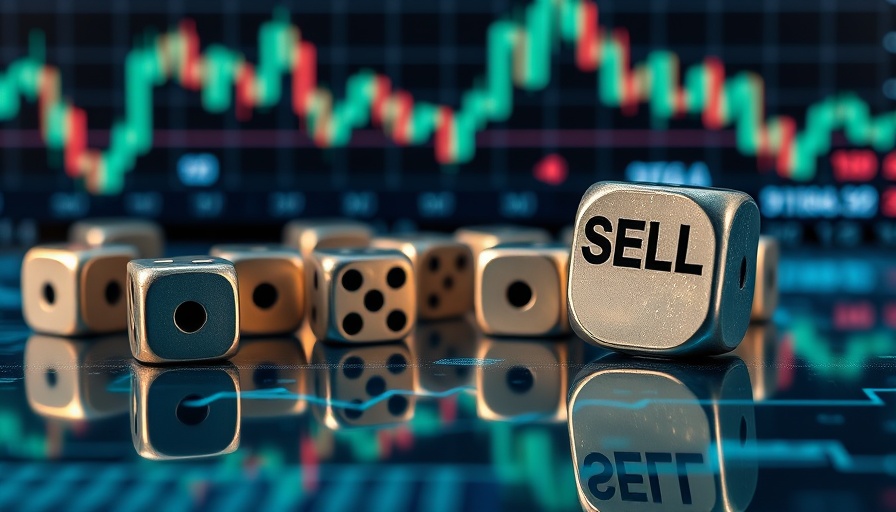Metallic dice on stock chart, representing trading decisions.