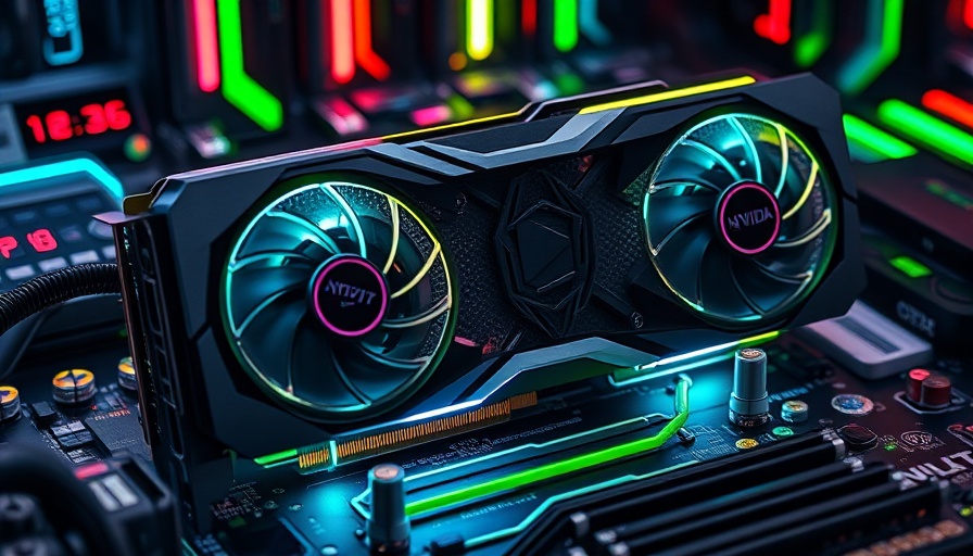 Futuristic NVIDIA graphics card on motherboard, highlighting AI advancements.