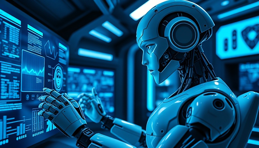 Agentic AI robot interacting with holographic screens in high-tech room.