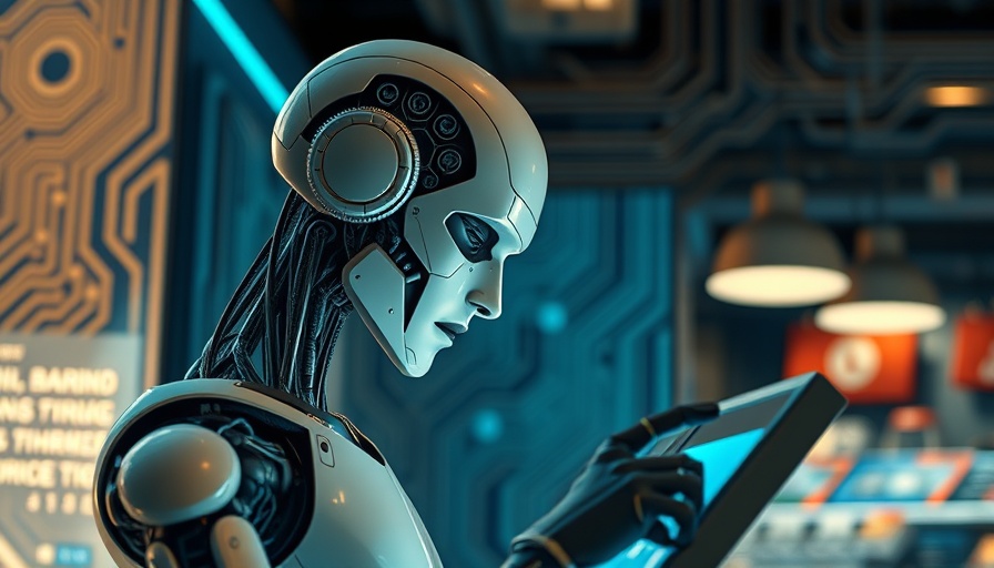 AI agents depicted as a robotic figure at a futuristic kiosk.