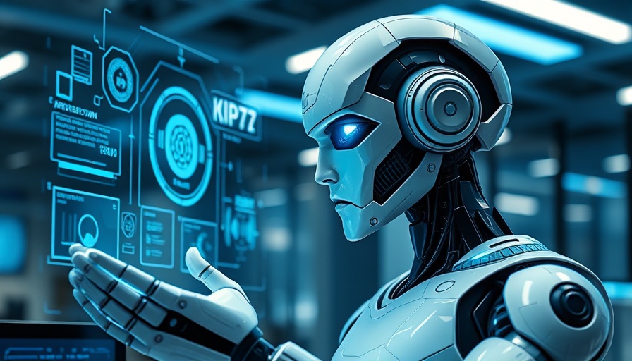 Agentic AI robot interacting with holographic screens in a futuristic setting.