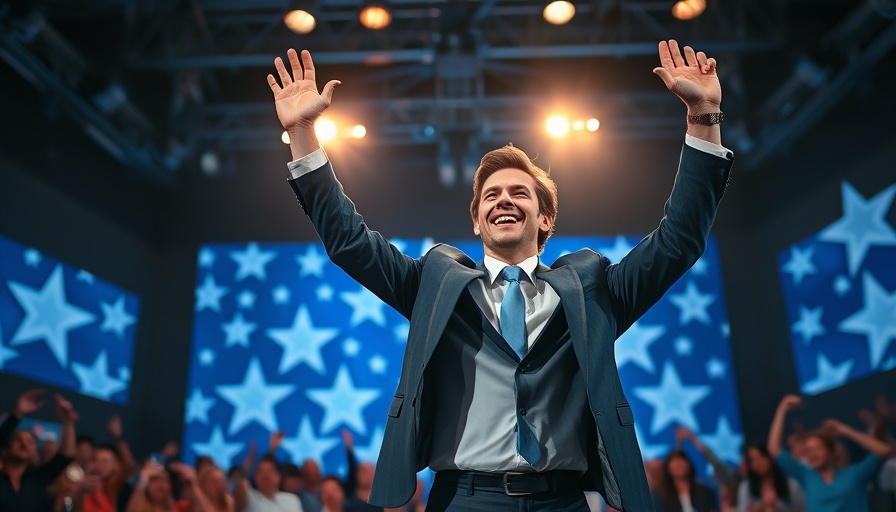 Energetic speaker celebrating victory on stage, grok 3.