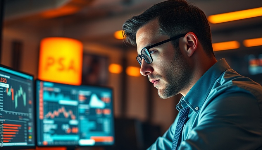 Business professional analyzing data screens for trending AI news.