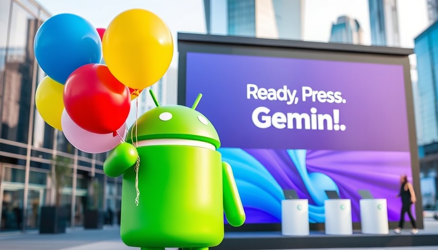 Android figure at tech event for Google Gemini AI real-time responses.