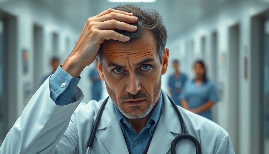 Concerned doctor in hospital corridor holding head.