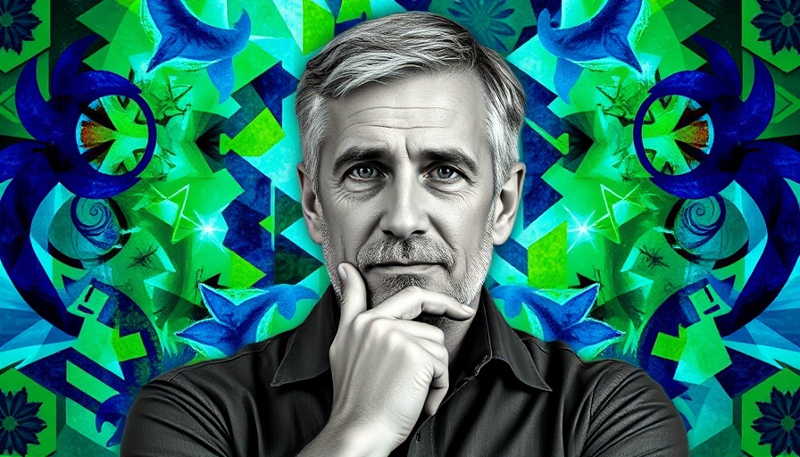 Thoughtful man in grayscale with geometric abstract backdrop, agentic AI