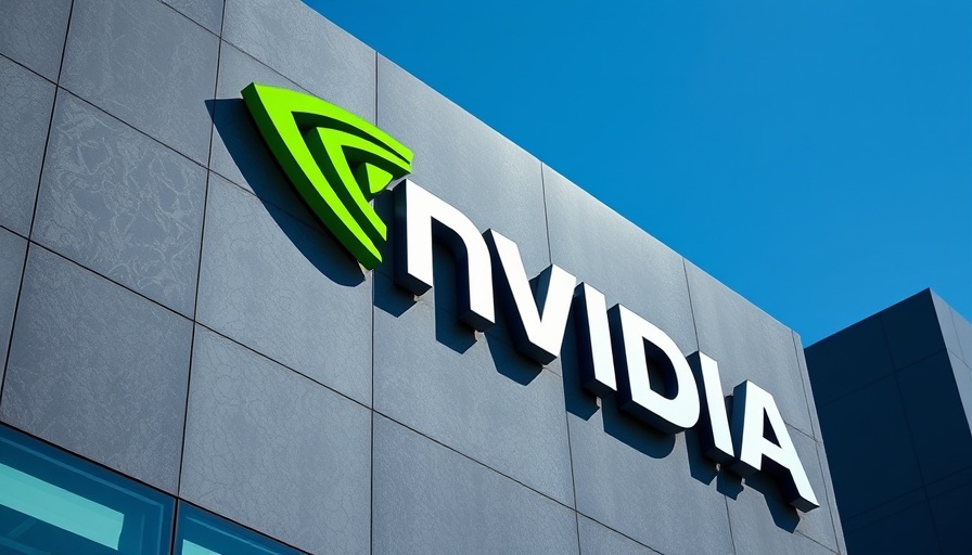 Close-up of Nvidia logo on building facade against blue sky.