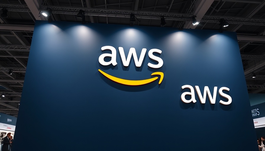 AWS branding illuminated with spotlights in tech exhibition, agentic AI.