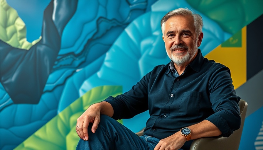 Middle-aged man with abstract geometric background, agentic AI theme.