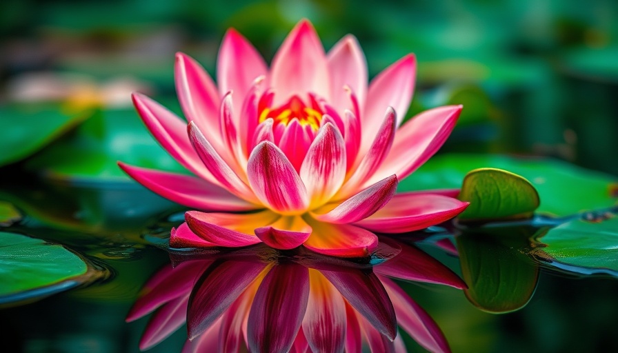 Colorful abstract flower overlay reflecting in a serene pond.