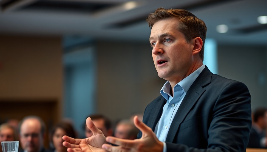 Business professional discussing OpenAI for-profit transition at a conference.
