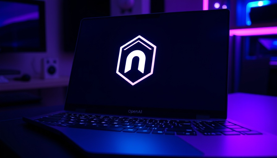 OpenAI logo on laptop keyboard with purple lighting.