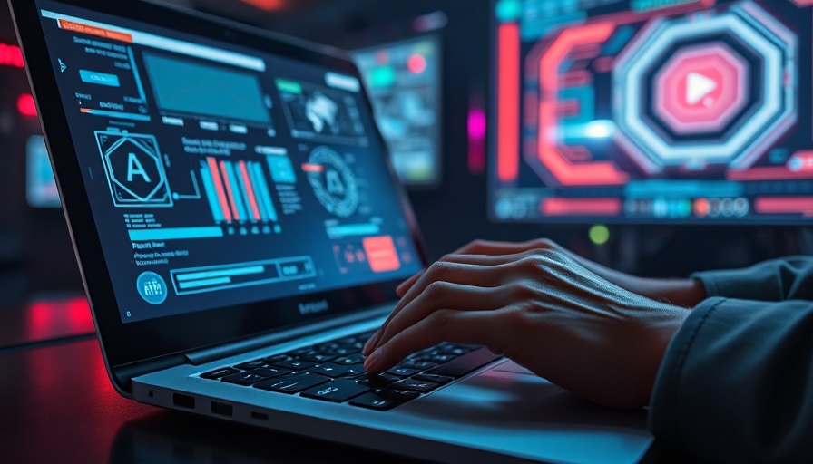 Typing on laptop with Claude AI interface, vibrant neon graphics.