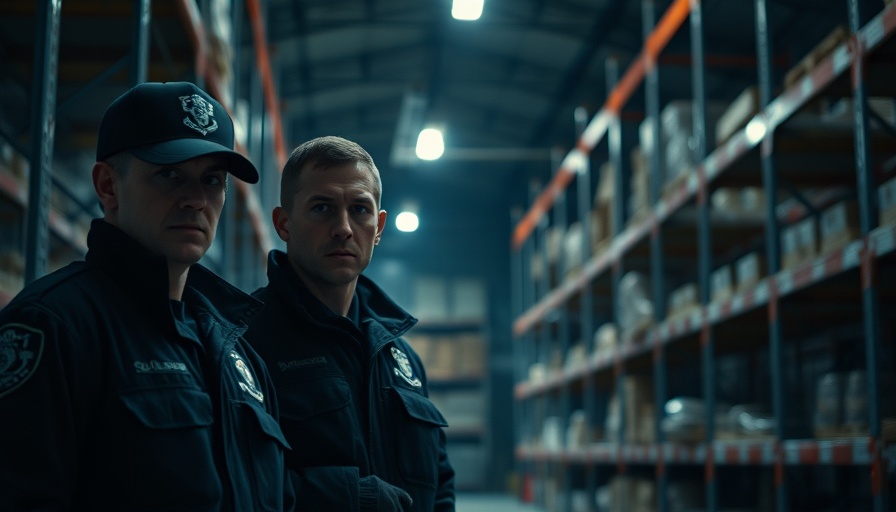 Warehouse security in low light, showcasing focus and alertness.