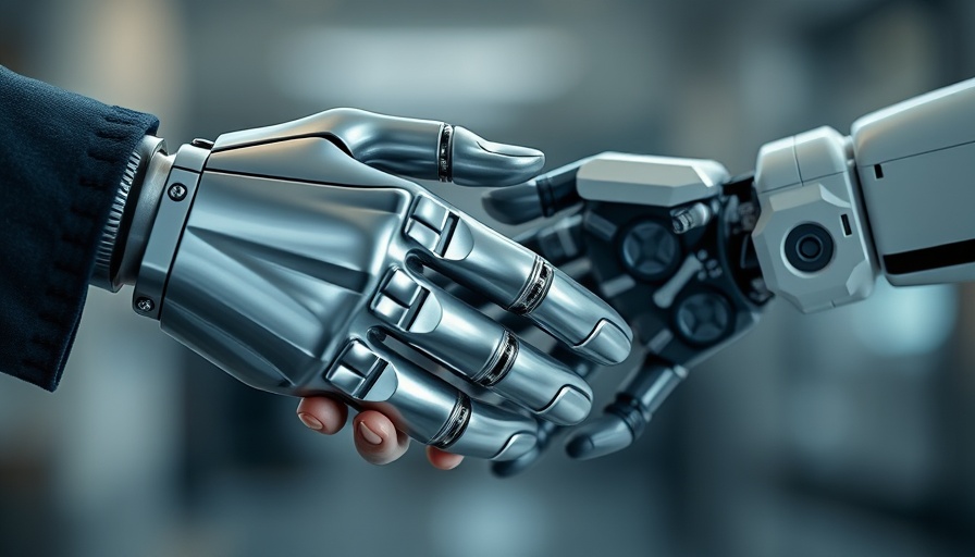 AI agents in military operations: robotic and human hand handshake.