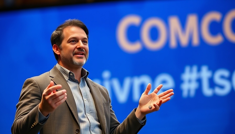 Confident speaker at conference on agentic AI, blue backdrop.