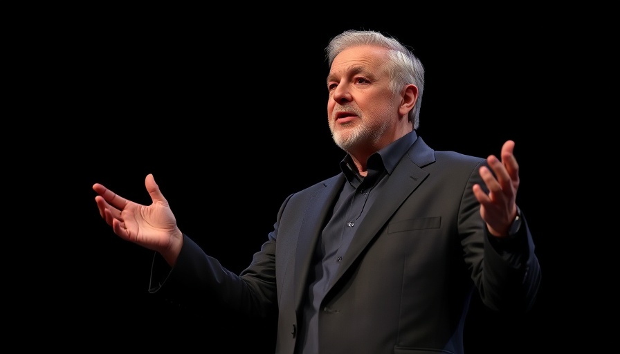 Middle-aged man gesturing under spotlight in lawsuit stage