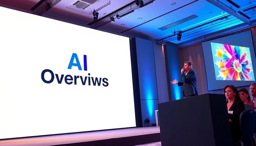 AI Overviews introduction on stage with large screen presentation.