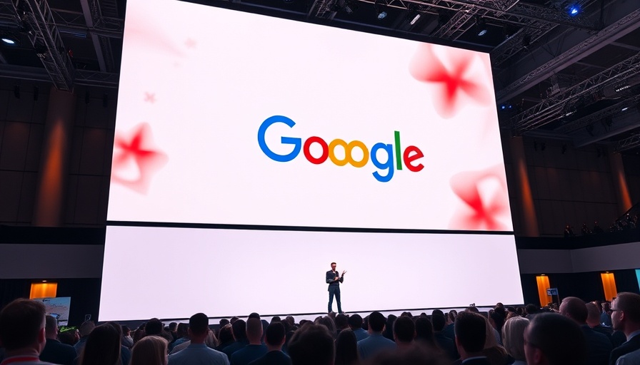 Tech presenter on stage with Google AI display screen.