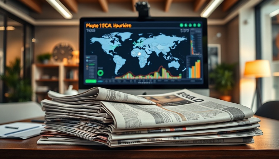 Newspapers and stock data screen in modern office highlighting AI stocks.