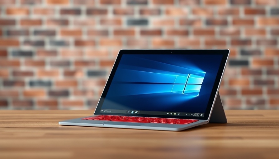Microsoft Surface tablet with red keyboard on a wooden table.