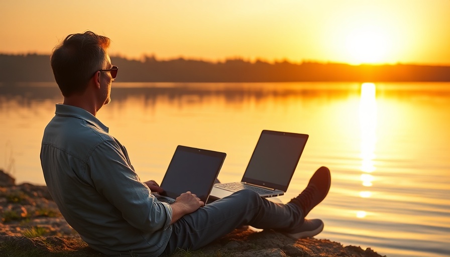 Man with laptop by a serene lake at sunset for AI-driven air travel.