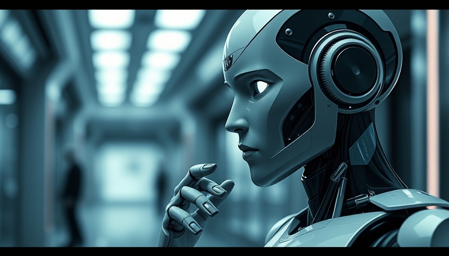Agentic AI robot in contemplative pose with high-tech background.