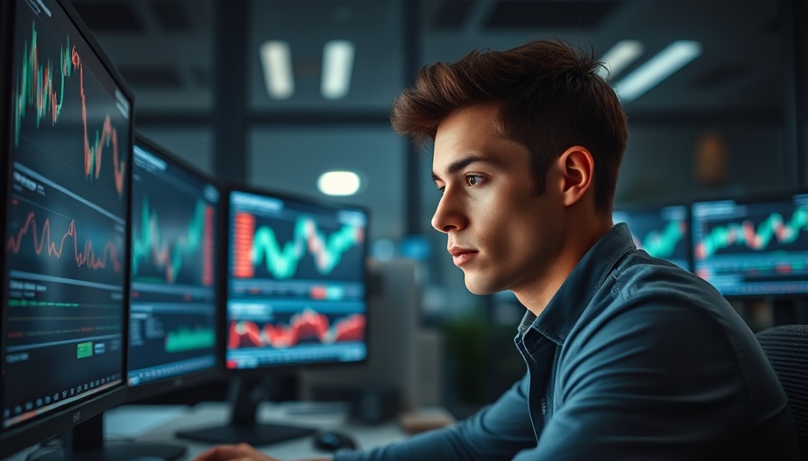 A man observing stock data on screens in a modern office, trending AI news.