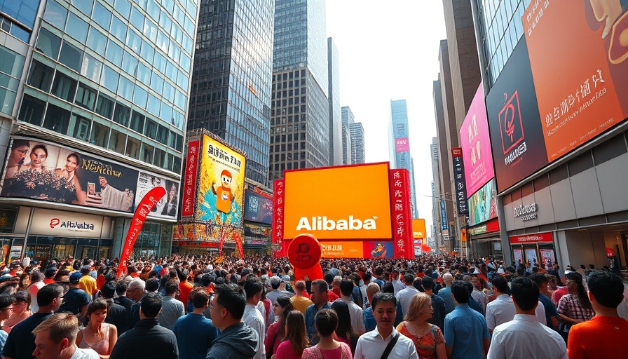 Crowd at colorful Alibaba event in vibrant city setting.