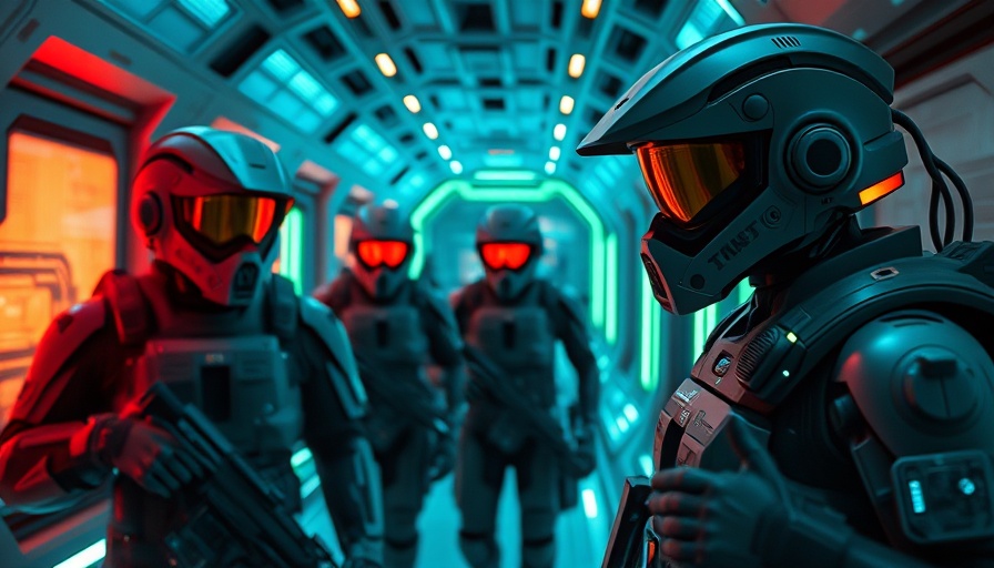 AI Agents in military planning with futuristic soldiers in digital corridor.