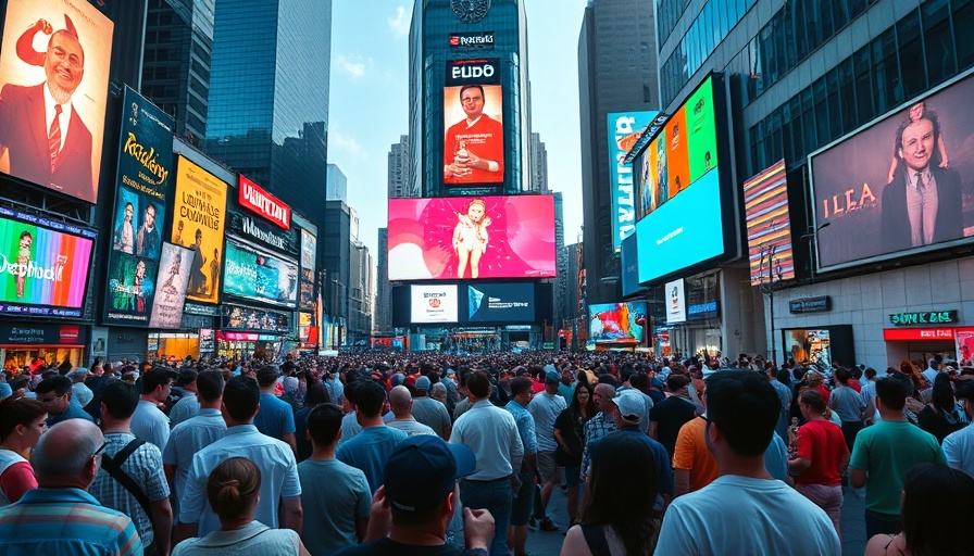 Crowd watching large screen at city square, Alibaba stock analysis trending
