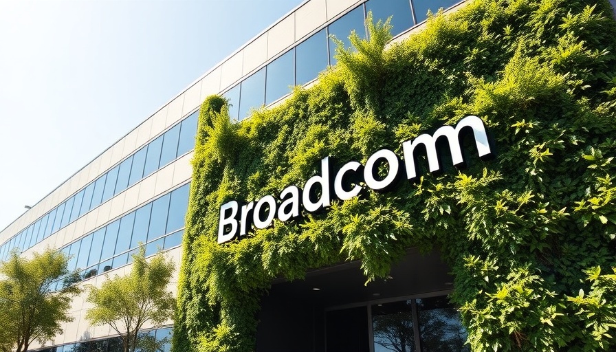Broadcom corporate headquarters entrance with greenery, AI growth forecast