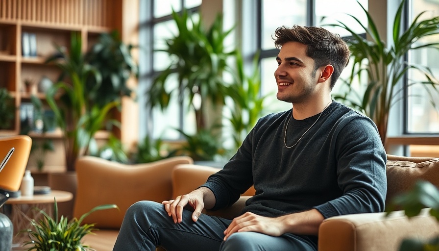 Young man discussing AI agents in modern office setting.