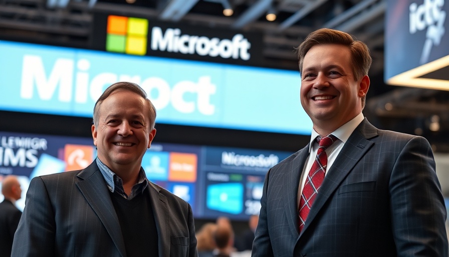 Microsoft AI event with two men in suits smiling confidently.