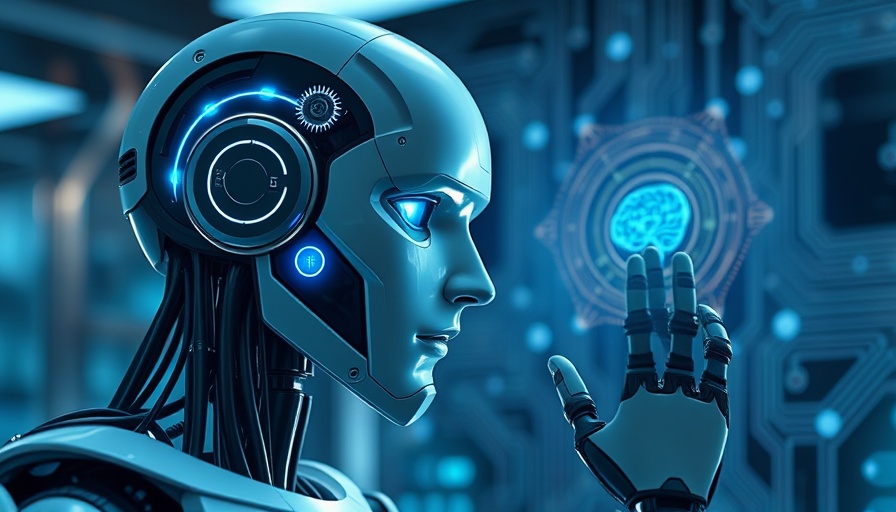 Futuristic humanoid robot with agentic AI studying digital brain hologram
