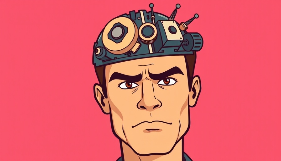 Retro cartoon of man with mechanical brain, PhD-level AI.