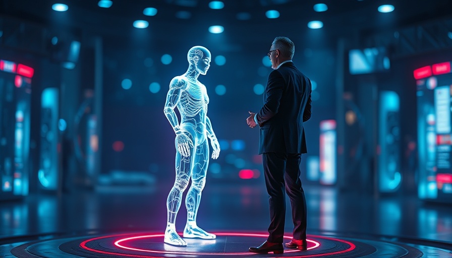 Futuristic AI agents interaction on a glowing platform.