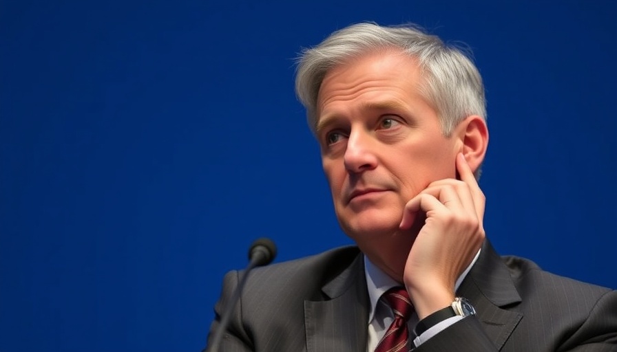 Thoughtful person in business attire, blue background.