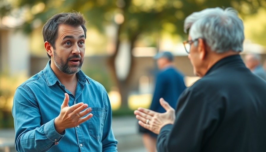 Engaging discussion between surprised man and older gentleman outdoors.