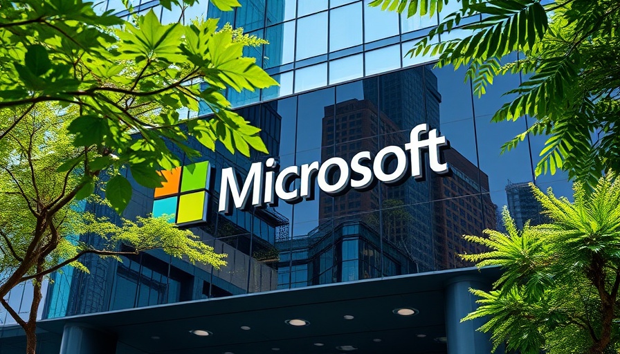 Modern Microsoft building with logo amidst greenery, symbolizing AI.