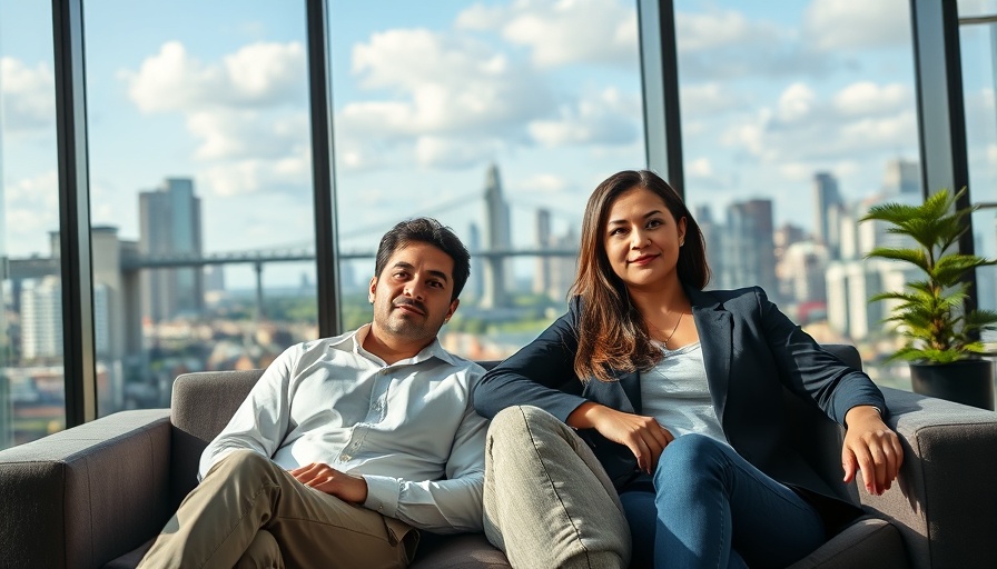 Two professionals seated in modern office with cityscape backdrop.