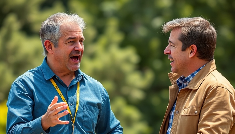 Animated discussion between two men outdoors with expressive expressions.