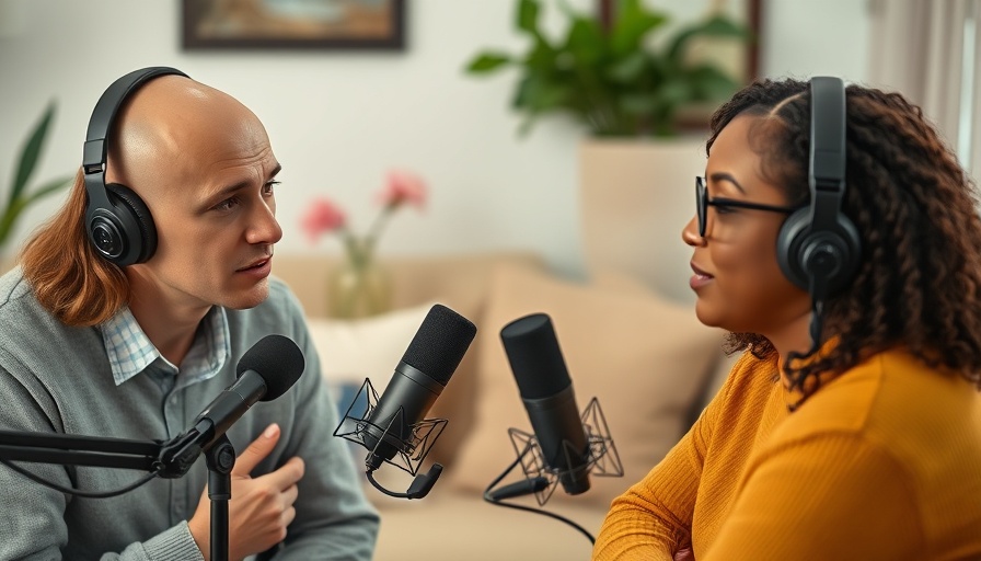 Podcast discussion on AI with two professionals in a cozy setting.