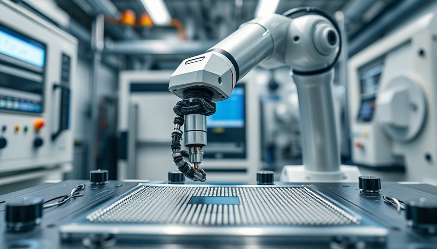 Robotic arm working on semiconductor wafer in high-tech lab.