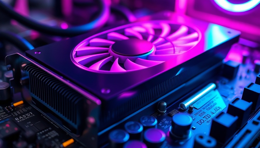 Futuristic graphics card on motherboard with neon lighting symbolizing Nvidia's advancement.