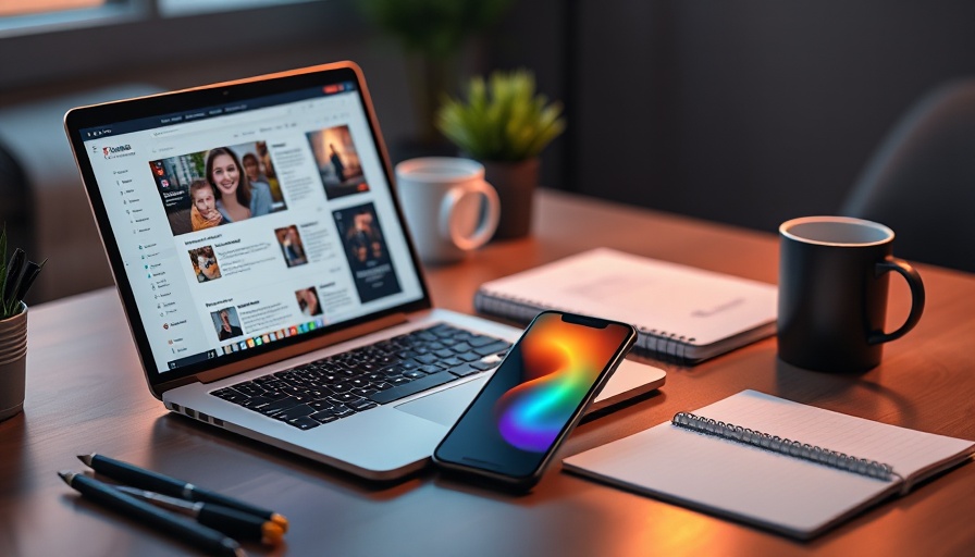 Modern workspace with laptop and smartphone displaying AI news.