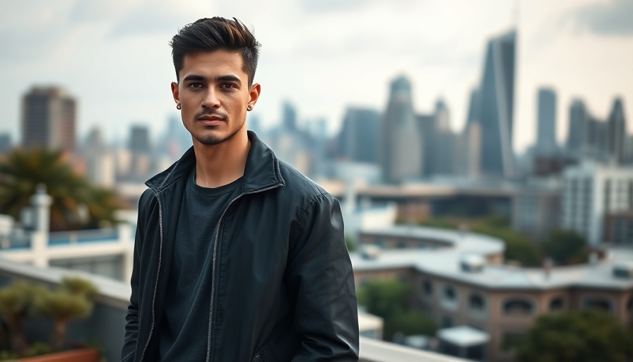 Agentic AI concept with a confident young man on a city rooftop.