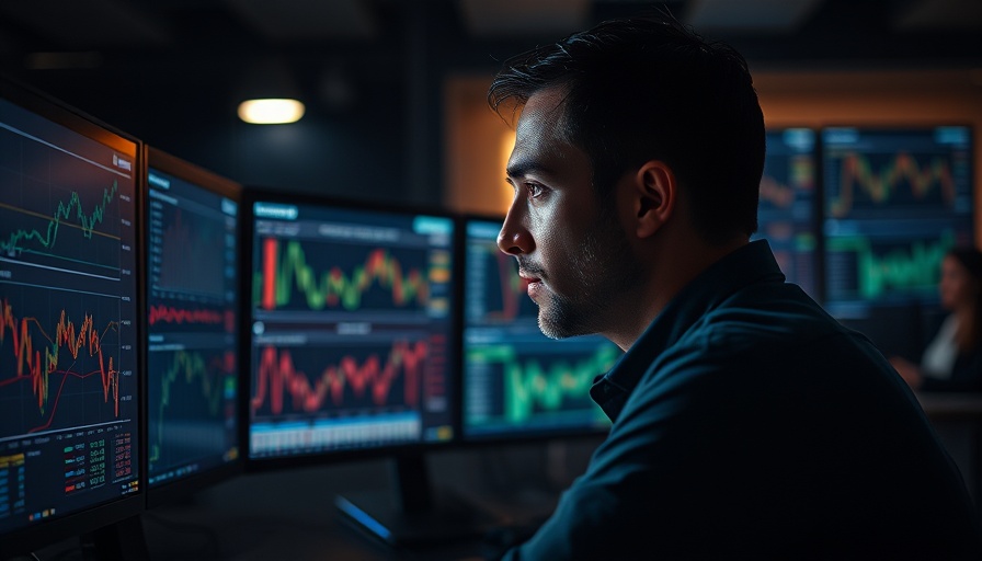 Trending AI news: Man analyzing data on multiple monitors in dark office.