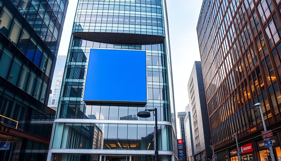 Modern office building with blue logo, reflecting AI-powered commercial PC processors theme.