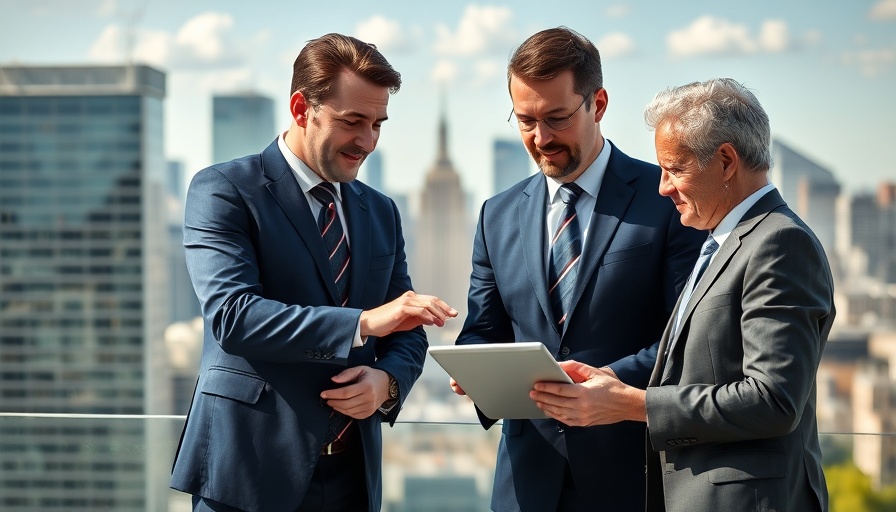 Businessmen discussing C3.ai Earnings Report on rooftop with city view.